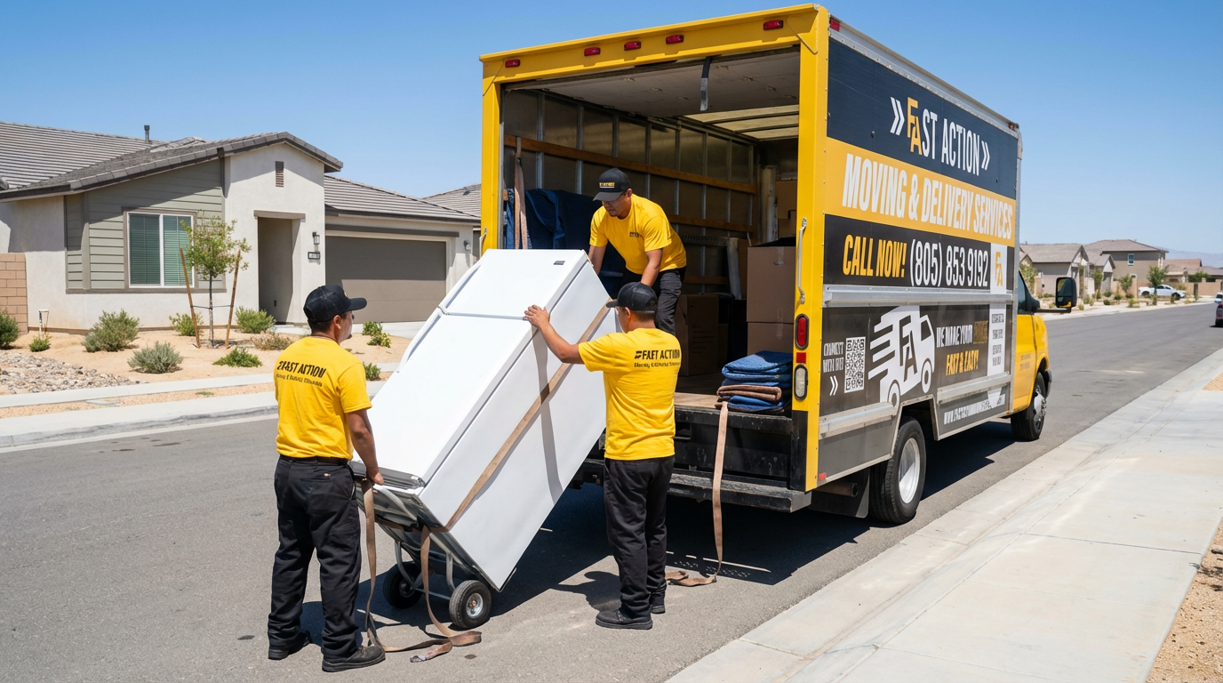 Residential moving in Victorville. Fast, stress-free local moves Residential moving crew in Victorville loading labeled boxes from a yellow Fast Action truck in front of a house, representing fast, stress-free local moves.