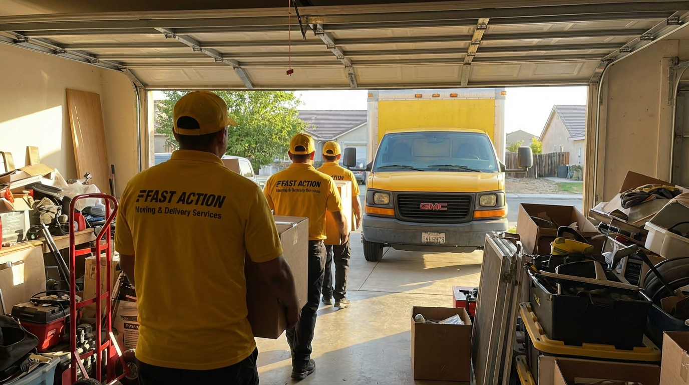 Hauling and Junk Removal in Victorville Fast Action crew loading unwanted furniture and debris into a yellow company truck during a hauling and junk removal job in Victorville.