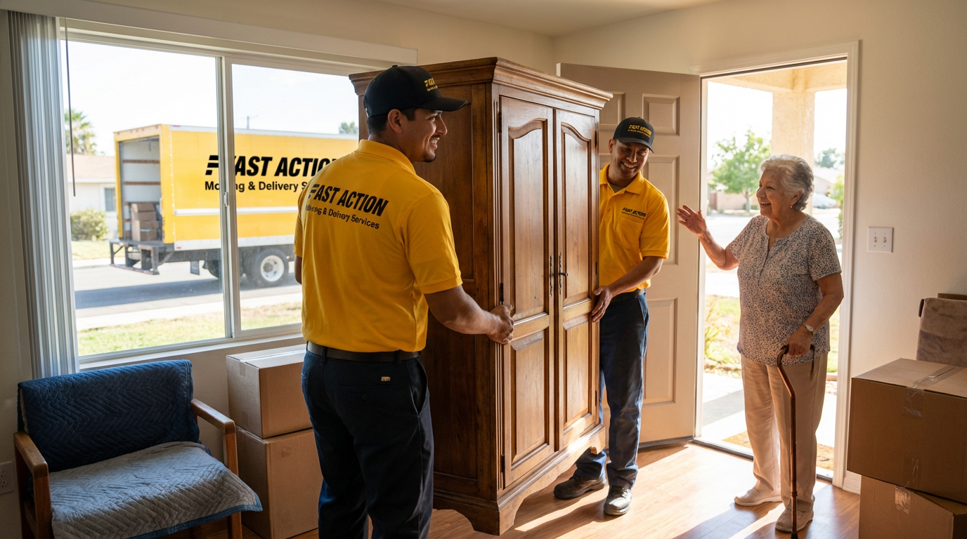 Senior Moving – Fast Action Movers Helping an Elderly Client Fast Action movers carefully handling vintage furniture in a senior apartment while an elderly woman smiles in the background, showing respectful senior moving help.