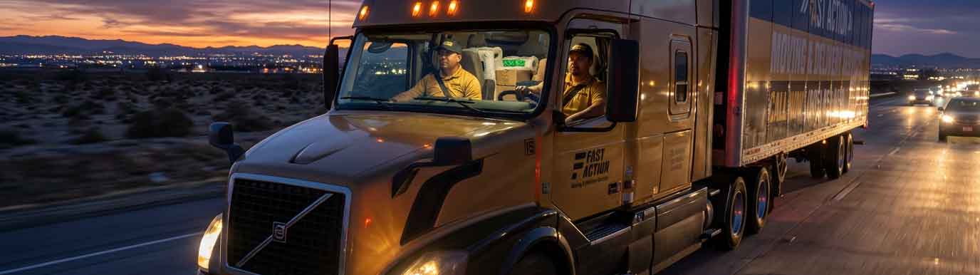 Yellow Fast Action semi-truck driving on an empty California highway at sunset.
